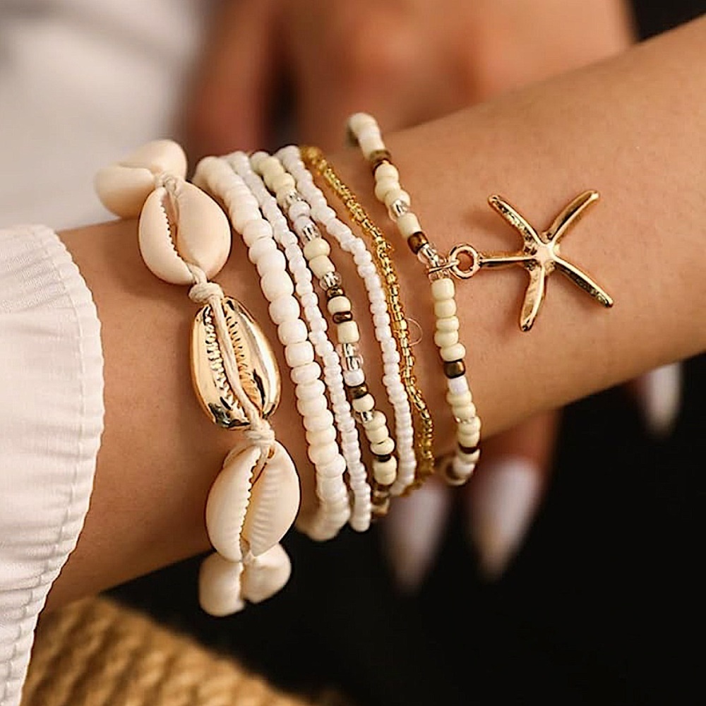 Multilayer Shell Starfish Conch Anklet bracelet, Wrist Bracelet Boho Beaded
